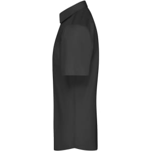 A black short-sleeved men's button-up shirt displayed from the side, featuring a collar and a logo.