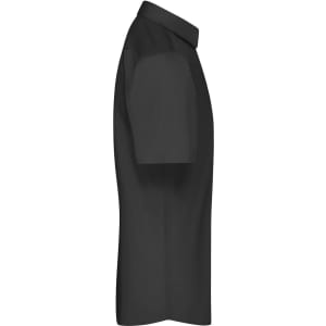 A short-sleeved black button-up shirt with a collar, featuring a logo on the chest area.