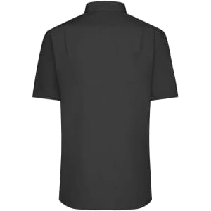 A short-sleeved black button-up shirt with a collar, featuring a plain back and a logo.