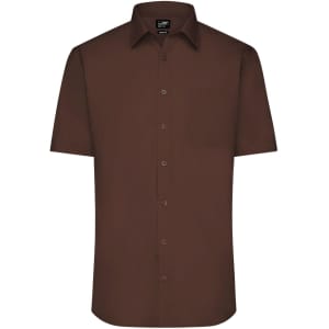 A short-sleeved button-up shirt in a rich brown colour with a chest pocket and a logo on the label.