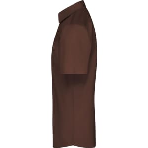 A brown short-sleeved poplin button-up shirt with a collar and a logo on the side.