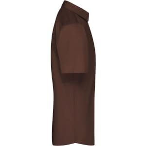 A brown short-sleeved button-up shirt featuring a collar and a subtle logo.