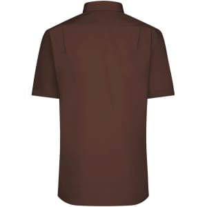 A brown short-sleeved button-up shirt with a simple design. Features a collar and a logo on the back.