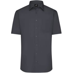 A short-sleeved, button-up shirt in dark grey with a pocket and a logo on the label.
