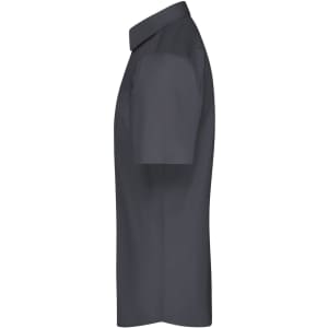 A short-sleeved men's button-up shirt in dark grey, showcasing a classic collar and a minimalist design.