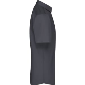 A short-sleeved, button-up men's shirt in a solid dark grey colour, featuring a collar and a clean design.