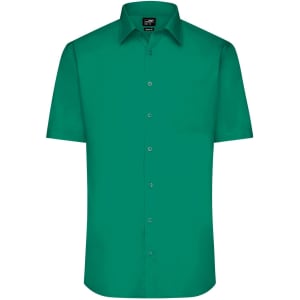 A short-sleeved button-up shirt in a vibrant green colour with a chest pocket and a logo on the collar.