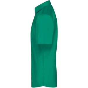 A green men's short-sleeve button-up shirt displayed from the side, featuring a classic collar and a logo.