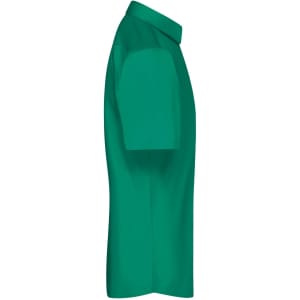 A green button-up shirt with short sleeves and a collar, featuring a logo on the front.