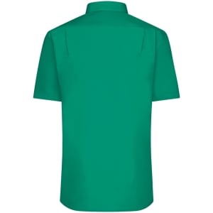 A green short-sleeved button-up shirt featuring a simple design and a back view, with a logo located on the collar.