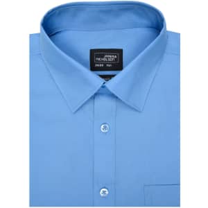 A light blue button-up shirt with a collar, featuring a front pocket and a label inside the collar.