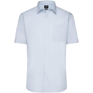 A light blue short-sleeve button-up shirt with a single chest pocket and logo branding.