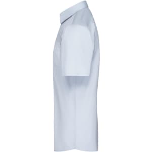 A light blue short-sleeve button-up shirt with a collared neckline and a logo.