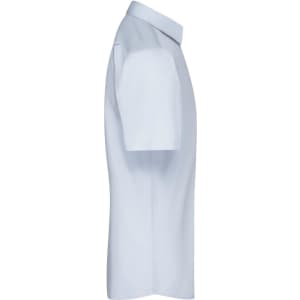 A light blue men's short-sleeve button-up shirt, featuring a classic collar and logo branding.