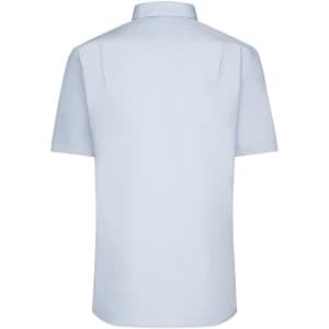 A light blue short-sleeved button-up shirt with a simple design and a collar, featuring a logo.