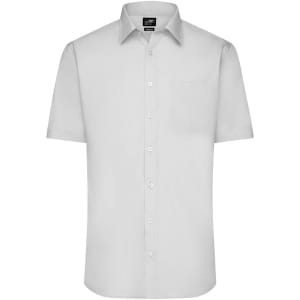 A short-sleeved, light grey button-up shirt with a single pocket and a logo on the label.