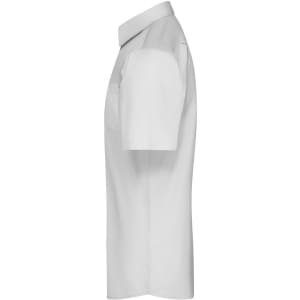 A short-sleeved, light grey button-up shirt with a collar and a chest pocket. It features a logo on the fabric.