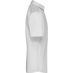 A men's short-sleeve button-up shirt in white, featuring a collar and a simple design. It has a logo on the chest.
