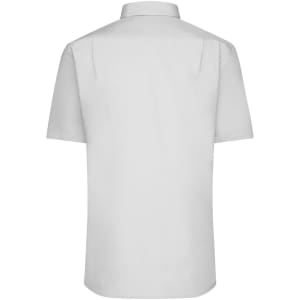 A plain white short-sleeve button-up shirt featuring a back collar and a logo.