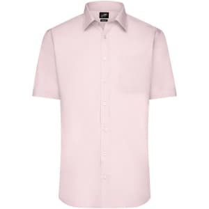 A light pink short-sleeved poplin button-up shirt with one chest pocket and a branding label.
