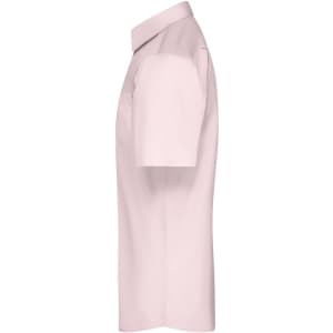 A short-sleeve, button-up men's shirt in a light pink colour, featuring a collar and a logo on the chest.