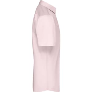 A light pink button-up shirt with short sleeves and a collar. The shirt features a logo on the chest.