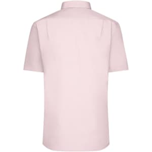 A short-sleeved pink button-up shirt with a classic collar and logo on the back.