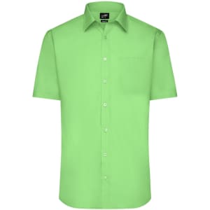A short-sleeved button-up shirt in bright green with a chest pocket and a logo on the label.