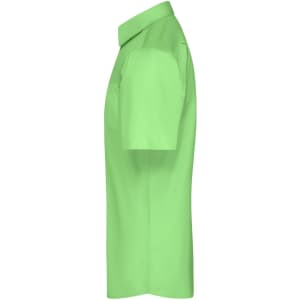 A short-sleeved button-up shirt in vibrant green, featuring a collar and a side view design. It has a logo.