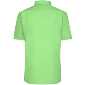 A short-sleeved, button-up shirt in a bright green colour, featuring a back yoke and logo.
