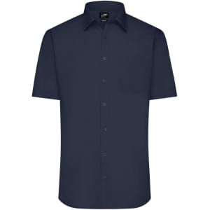A short-sleeved navy button-up shirt with a single chest pocket and collar, featuring a logo.