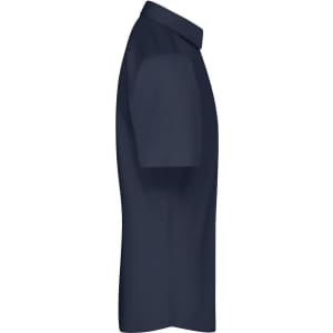 A short-sleeve navy button-up shirt with a classic collar and a branded logo on the side.