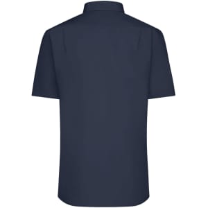 A short-sleeved, button-up men's shirt in navy blue, featuring a classic collar and a logo on the back.