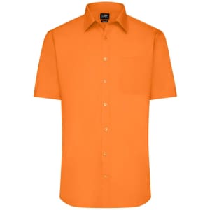 An orange short-sleeved button-up shirt with a single pocket on the chest and a branded label.