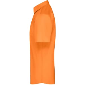An orange short-sleeved button-up shirt displayed from the side, featuring a collar and a brand logo.