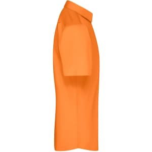 An orange short-sleeved button-up shirt with a collar and a logo.