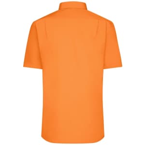 An orange short-sleeve button-up shirt featuring a classic collar and a smooth poplin fabric. It has a logo.
