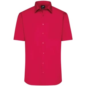 A short-sleeved, button-up shirt in vibrant red with a collar and logo on the label.
