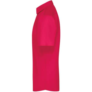 A bright red short-sleeve poplin shirt, featuring a button-up collar and a logo.
