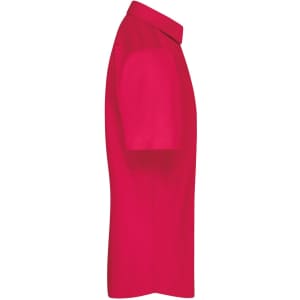 A red short-sleeved button-up shirt displayed from the side, featuring a collar and a logo.