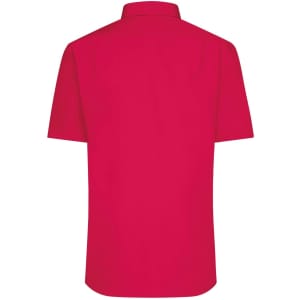 A bright red short-sleeved button-up shirt with a plain design and a collar. It has a logo on the back.