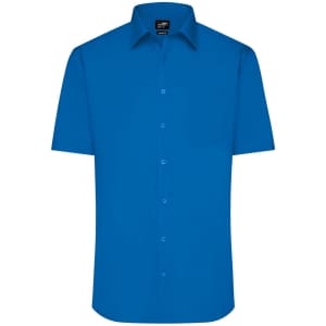 A short-sleeved, button-up shirt in a bright blue colour, featuring a collar and buttons down the front. It has a logo.