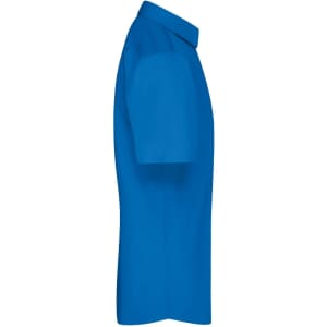 A blue short-sleeved button-up shirt with a collar, featuring a logo on the side.