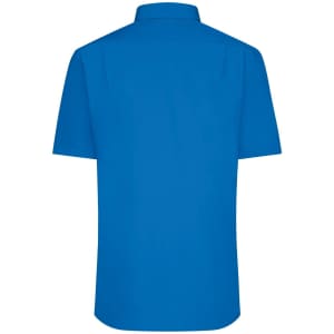 A blue short-sleeve poplin button-up shirt with a collar and a logo on the back.