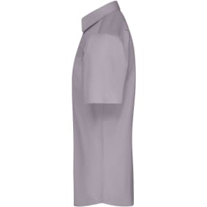 A light purple short-sleeved button-up shirt with a collar, featuring a logo on the chest.