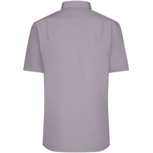 A short-sleeve button-up shirt in a light purple colour, featuring a back view and a logo.