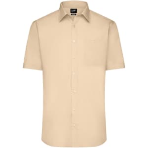 Beige short-sleeve button-up shirt featuring a front pocket and a logo on the tag.