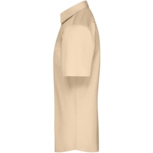 A men's button-up shirt in a light beige colour, featuring short sleeves and a collar. It has a logo on the chest.