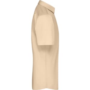 A light beige short-sleeved button-up shirt displayed from the side. Includes a collar and features branding.