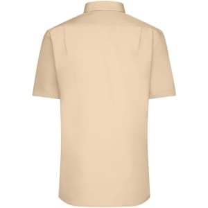 A short-sleeve poplin men’s shirt in beige, featuring a back view with a collar and logo on the label.